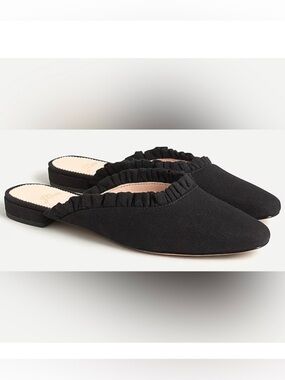 J CREW Black Carolyn mule flats in canvas with ruffle Size 7.5